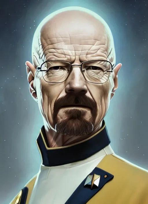 Prompt: photograph of walter white in starfleet uniform, elegant, highly detailed, ray tracing, digital painting, artstation, concept art, smooth, sharp focus, illustration, art by artgerm and greg rutkowski and alphonse mucha, 8 k