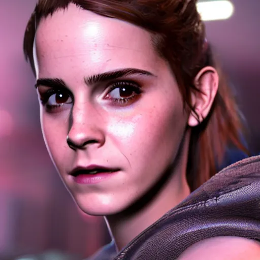 Image similar to Emma Watson in Cyberpunk 2077. 3D Render