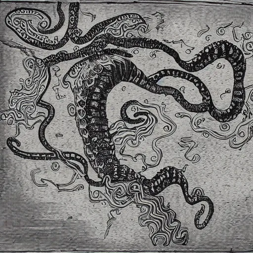 Prompt: a pen and ink drawing of an ancient map with tentacles of a sea creature reaching in from the corner