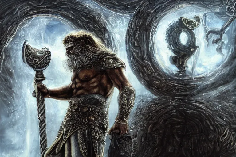 Prompt: mythological Odin all father god of thunder and artificial intelligence creating an artificial neural network with synapses on an anvil in the ethereal city of valhalla, high resolution, award winning art, trending on art station, sharp image, incredibly detailed, odin all father detailed character, realistic painting