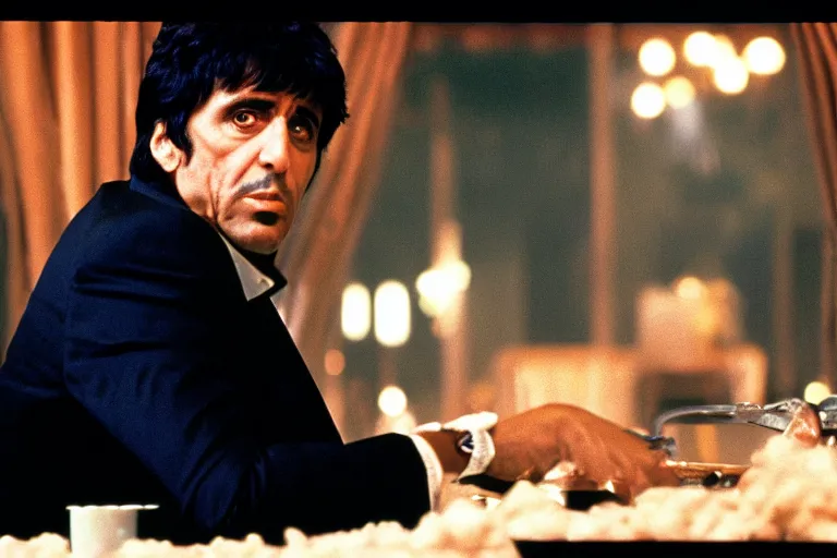 Image similar to tony montana from movie scarface 1 9 8 3 sitting at a big black oak table with big transparant packages of flour. next to the night window. al pacino. perfect symmetric face, coherent eyes,, fine details, 4 k, ron cobb, cinestill