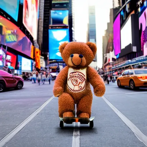 Image similar to teddy bear riding skateboard in times Square, photorealistic, 4k, high definition