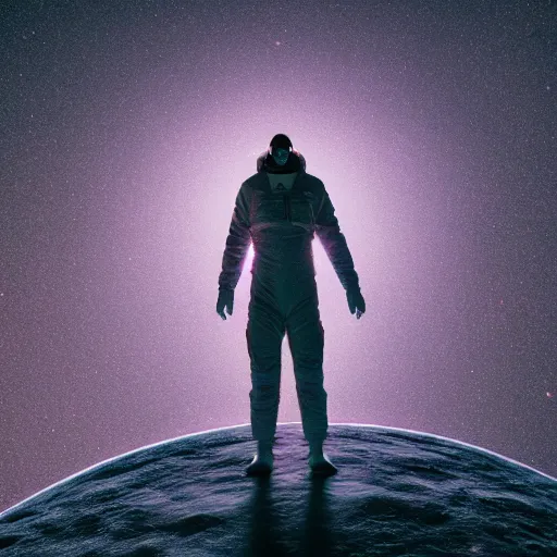 Prompt: floating bacteria, fibers, forming a gigantic human body, standing on a planet, enviroment, nebula, space tunnel, 4 k, octane render, houdini particles, 8 k, lifelike, high detailed, hyper - realistic, cinematic, epic, moody, photography by sarah morris, craig mullens, artstation, nasa, lens dirt