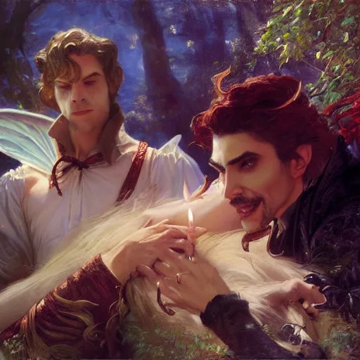 Image similar to attractive male fairy of the forest confesses his love to attractive male dracula the vampire. highly detailed painting by gaston bussiere, craig mullins, j. c. leyendecker 8 k