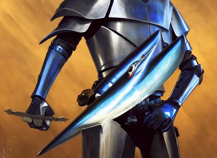 Prompt: blue thresher shark wearing plate armor, shark head, holding a lightsaber, fantasy, wonderful masterpiece highly detailed, scifi, beautiful cinematic light deep focus, elegant, digital painting, smooth, sharp focus, golden ratio, dramatic illumination, ultra realistic, 8 k, art by ilya kuvshinov, artgerm, alphonse mucha, and greg rutkowski