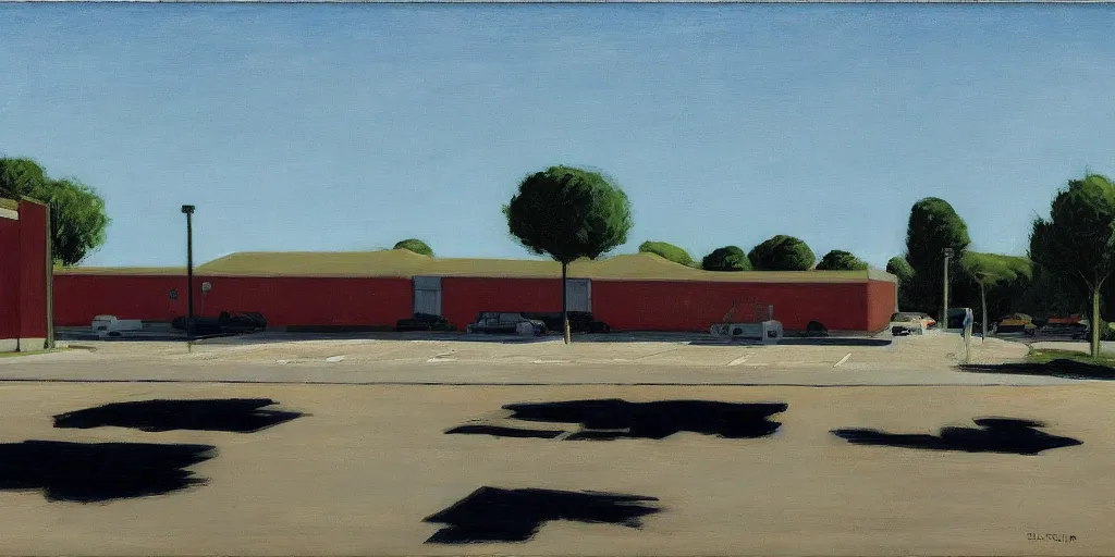 Image similar to The parking lot behind a Walmart in a North American suburban strip mall by Edward Hopper