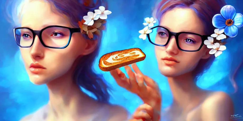 Image similar to epic professional digital art of a bread toast!!!! wearing 👓 and a blue flower, best on artstation, cgsociety, wlop, cosmic, epic, stunning, gorgeous, much detail, much wow, masterpiece, backlight