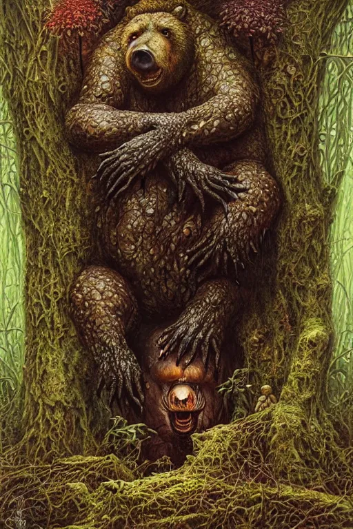 Image similar to a creepy, slimy swamp bear eating mushrooms that are growing out of its body. art by tomasz alen kopera and glenn fabry.