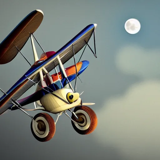 Image similar to full moon, figurines, travel, biplane, propel, tilt shift, style of 3 d, sss, cinematic lightning, occlusion, white clay, style of dave mckean, style of shuzo oshimi, style of will eisner, full of color, on white, smooth, thin sharp lines, detailed, octane render