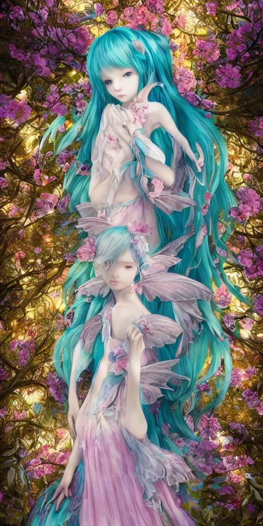 Prompt: breathtaking detailed soft painting of hatsune miku fairy in the distance of a luxurious twilight forest by Ayami kojima, Loputyn and matcha, golden rose dress of stained glass floating around, detailed realistyc symmetrical facial features, amalgamation of leaves and flowers, 8k, concept art, matte, sharp focus, rembrandt style