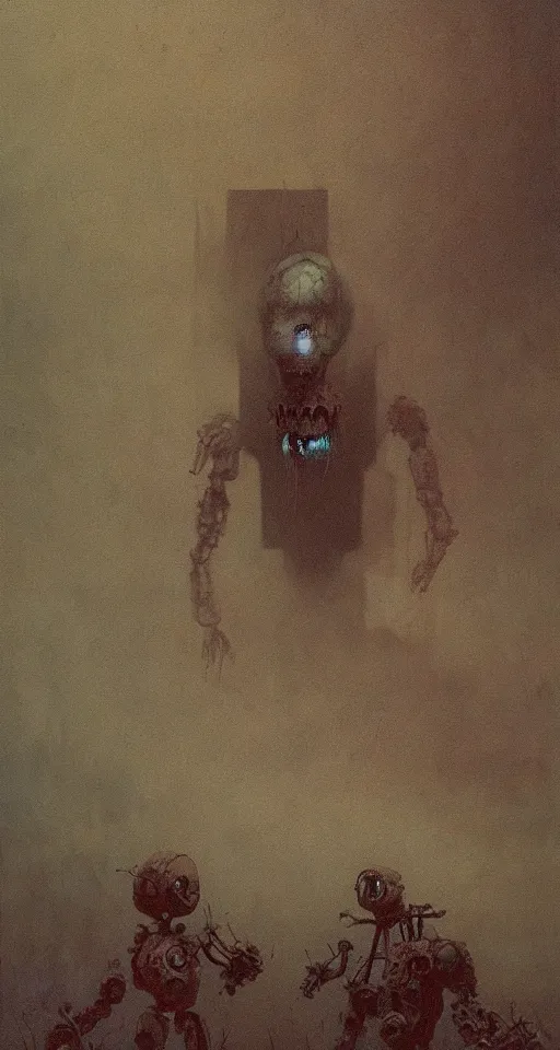 Prompt: Painting in a style of Beksinski featuring a giant robotic monster yelling in the dark, creepy, pain, suffering in the background