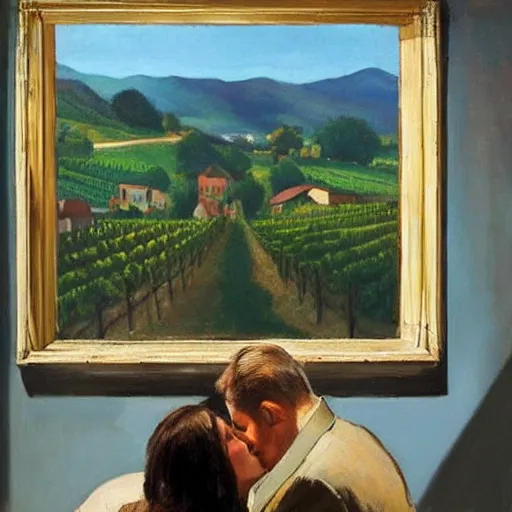 Prompt: a couple kissing, behind them is a window that shows a hilly landscape with vineyards, morning light, dreamy, hopper