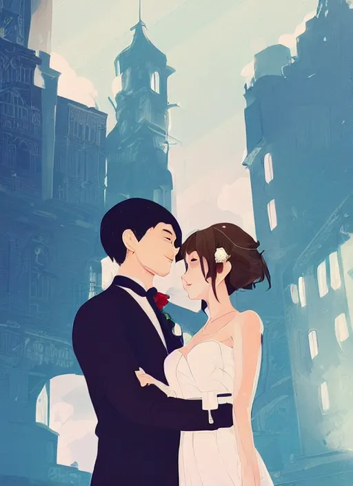 Image similar to a bride and groom on their wedding day. clean cel shaded vector art. shutterstock. behance hd by lois van baarle, artgerm, helen huang, by makoto shinkai and ilya kuvshinov, rossdraws, illustration, art by ilya kuvshinov