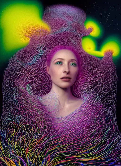 Image similar to hyper detailed 3d render like a painting - Aurora (Singer) seen Eating of the Strangling network of yellowcake aerochrome and milky Fruit and Her delicate Hands hold of gossamer polyp blossoms bring iridescent fungal flowers whose spores black the foolish stars by Jacek Yerka, Mariusz Lewandowski, Houdini algorithmic generative render, Abstract brush strokes, Masterpiece, Edward Hopper and James Gilleard, Zdzislaw Beksinski, Mark Ryden, Wolfgang Lettl, hints of Yayoi Kasuma, octane render, 8k