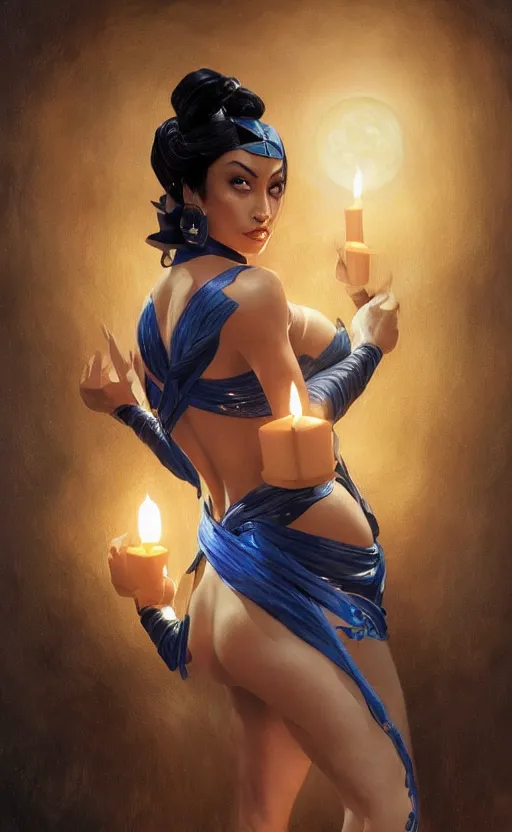 Prompt: masterpiece of kitana from mortal kombat with beautiful hands close to a candle in dark room, cinematic, powerful, moon beams dramatic light, highly, intricate gold elements, hollow souls, detailed, digital painting, artstation, concept art, sharp focus, illustration, art by artgerm and greg rutkowski and alphonse mucha