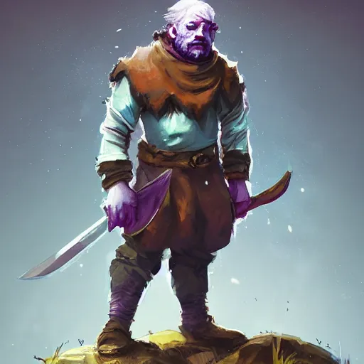 Image similar to male duergar adventurer with purple skin, by Ismail Inceoglu, wearing leather adventuring clothes, shabby, short, bald, wielding knife, mischievous grin, character portrait, digital art, dungeons and dragon, character