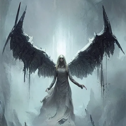 Image similar to in the drakest place in the world, a world of horror, films of all time, and a stunning white gothic angel, is the experience of all, members of your family who, and reward players for their success, concept art, artwork by greg rutkowski, trending