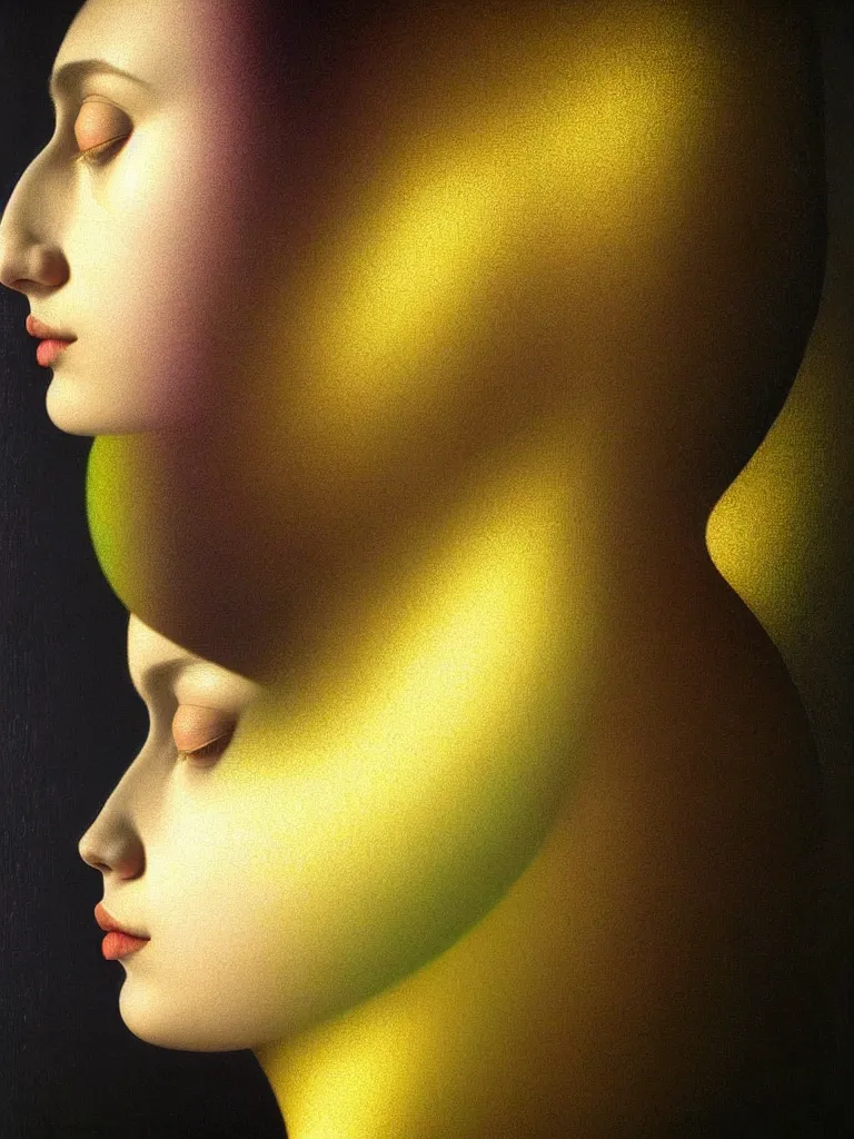 Image similar to hyperrealistic still life portrait woman's face in profile, beautiful plants, sacred geometry, light refracting through prisms in a tesseract, by caravaggio, botanical print, surrealism, vivid colors, serene, golden ratio, rule of thirds, negative space, minimalist composition, by rene magritte and greg rutkowski
