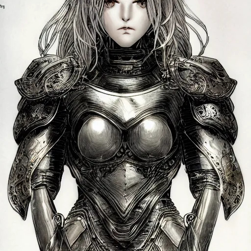 Image similar to character portrait of a girl with wavy white hair and black eyes in the style of yoshitaka amano drawn by alex maleev, highly detailed, elden ring armor with engraving, blurred edges, film grain effect