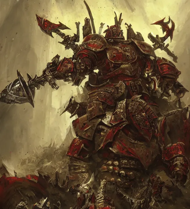 Image similar to battle scene portrait of armored heroes warhammer 4 0 k fight war fighting nurgle warrior, cesede, the chaos god of plague and decay, red chaos knight with cathedrals and columns, pestilence, champion, emperor, abbeys, elegant concept art by ruan jia