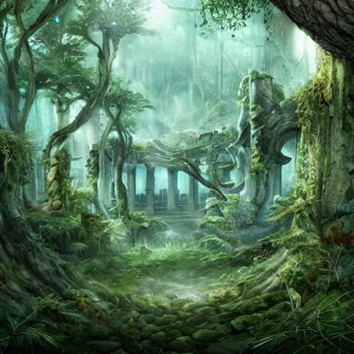 Image similar to beautiful ancient magical overgrown secret place, mysetrious etherial mesmerizing atmosphere, ancient ruins in the forest, extremely intricate, hyper detailed, hd, masterpiece