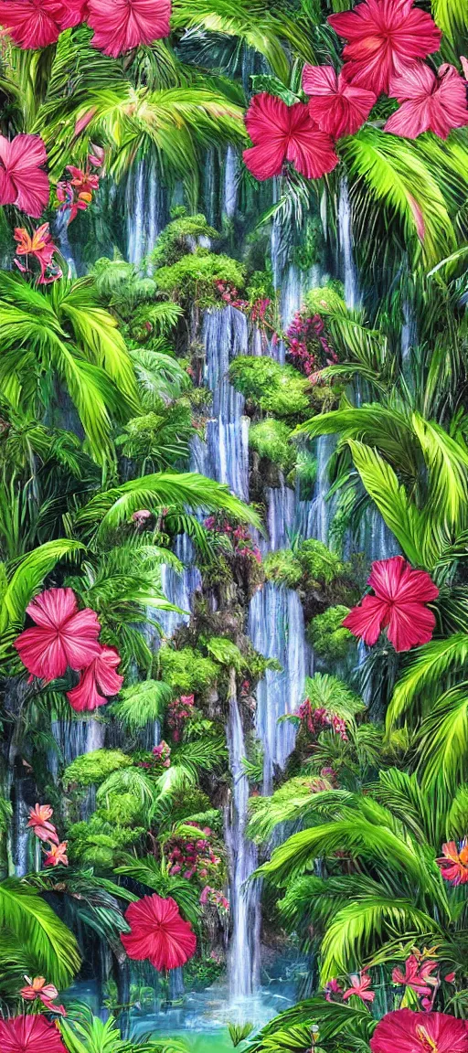 Image similar to cascading concept art of an exotic garden with waterfall and flowers and palm trees, hibiscus, detailed, highly detailed, aesthetic, realistic, hyper realism, colorful, in depth, intricate,