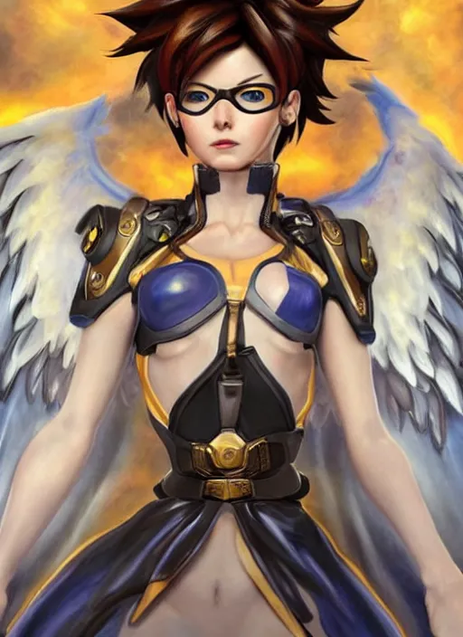 Image similar to full body oil painting of tracer overwatch in the style of mark brooks, angel wings, dramatic painting, symmetrical composition, silky garment, high detail, gold detailed choker, angelic, lights, flowers, heavenly, bright, detailed face,