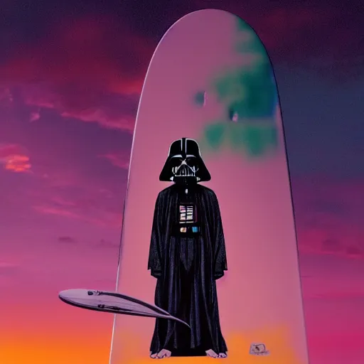 Prompt: darth plagueis the wise on a surfboard at sunset, vaporwave aesthetic, highly detailed