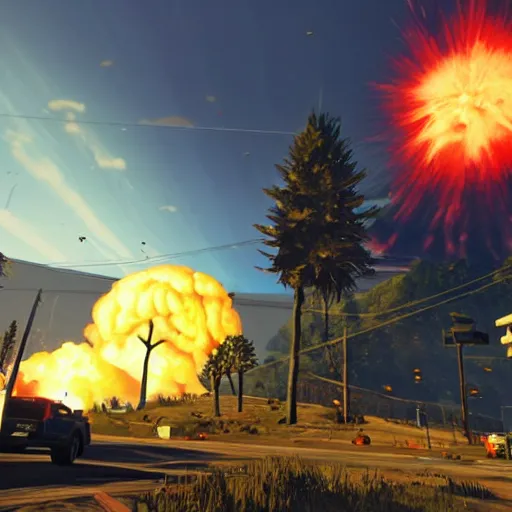 Image similar to nuclear explosion, huge mushroom cloud, grand theft auto 5 screenshot