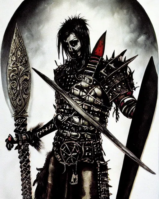 Image similar to portrait of a skinny punk goth warrior wearing armor by simon bisley, fantasy, barbarian, hardcore