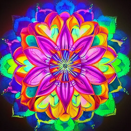 Image similar to “Four dimensional lotus mandala. Brightly coloured dripping Psychedelic kaleidoscope art, prize winning high definition linework structure, oil on water colour rainbow”