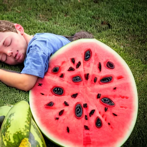 Image similar to a boy fell asleep on a watermelon truck