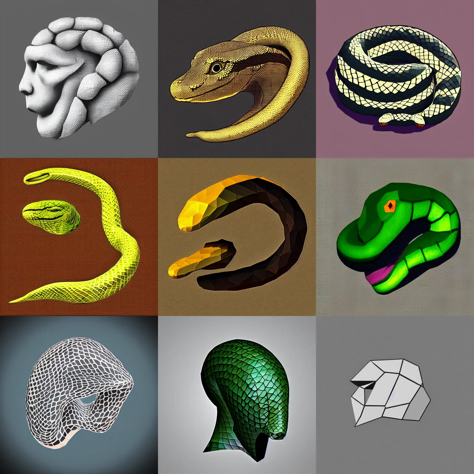 Prompt: “low poly art of a snake’s head”