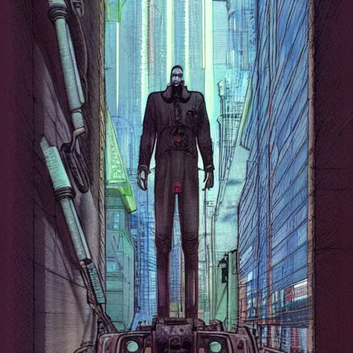 Image similar to Digital portrait of a Ghost in the machine by Enki bilal and Moebius and francois Schuiten, cyberpunk, impressive perspective, masterpiece