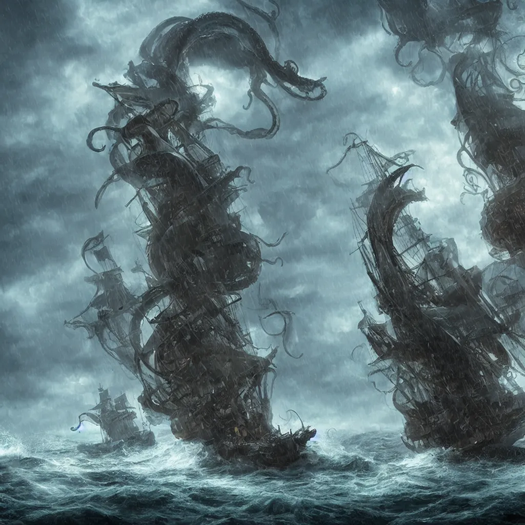 Image similar to A giant tentacle monster attacks a pirate ship at the edge of the world under a heavy rainstorm, 4k detailed digital art