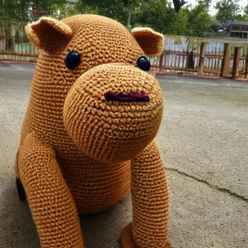 Image similar to a crochet capybara having a good time