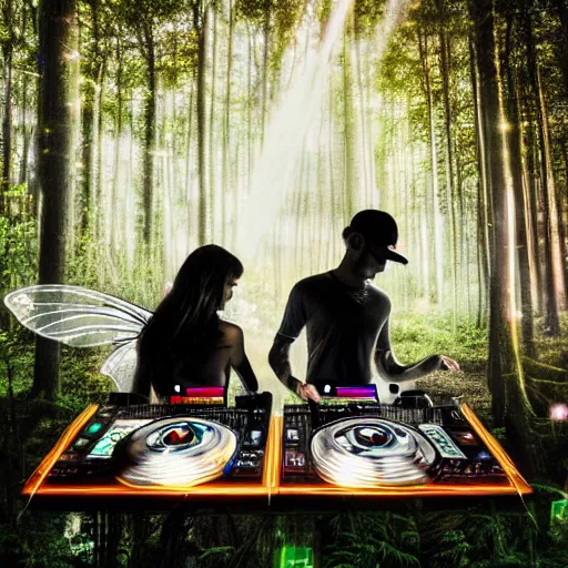 Prompt: double exposure of a beautiful fairy and a cupid djs playing turntables in a rave party at a magical forest, digital art, cinematic photo - realistic 8 k high detailed