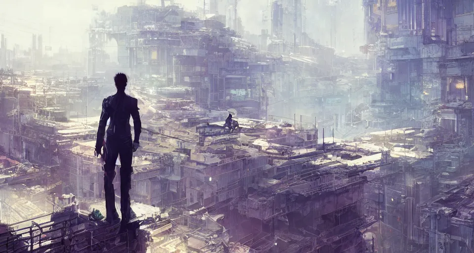 Image similar to a man standing on a wide terrace balcony above a solarpunk city, dramatic lighting, illustration by greg rutkowski, yoji shinkawa, 4 k, digital art, concept art, trending on artstation