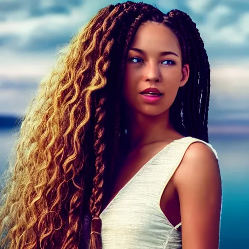 Prompt: real life photo of a beautiful girl, full body photoshoot, long braided curly blonde hair, twisted braids, golden watery eyes, full round face, short smile, white dress, lake setting, cinematic lightning, medium shot, mid-shot, highly detailed, trending on artstation, Unreal Engine 4k, 80mm, 85mm, cinematic wallpaper