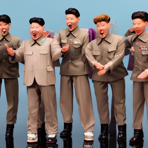 Image similar to kim jong un doll screaming with bts boy band dolls octane render