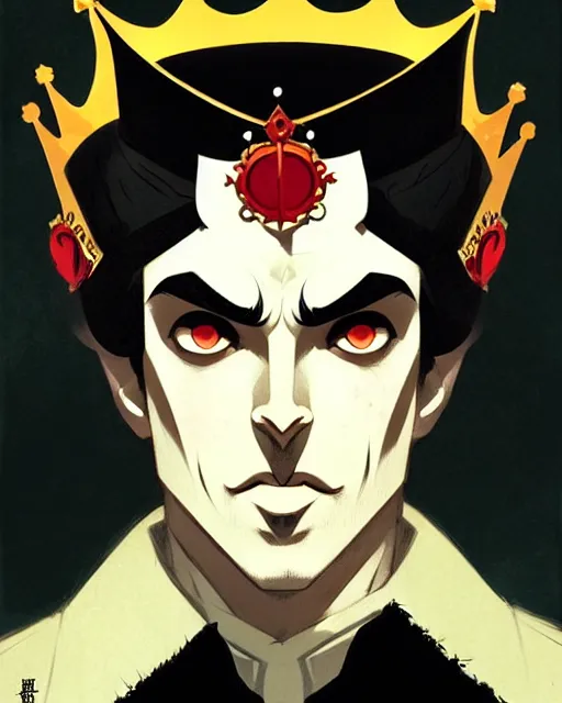 Prompt: handsome vampire prince with crown, symmetrical face, evil, portrait, cinematic, dramatic, powerful, super detailed and intricate, by koson ohara, by darwyn cooke, by greg rutkowski, by satoshi kon