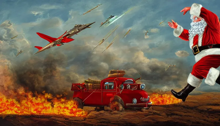 Prompt: santa claus sleigh being shot down by a surface to air missile, fiery explosion, matte painting, hard edges, masterpiece, impressive detail