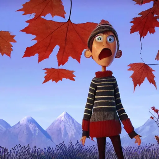 Image similar to a very cool and cute stopmotion animation character, a beautiful canadian woman, gardening, very attractive, spiky dark brown and grey hair, striped sweater, tight denim jeans, maroon doc marten boots, canadian maple leaves blowing about, mountains, autumn, unreal engine 5, 8 k, kubo and the two strings, disney, pixar,