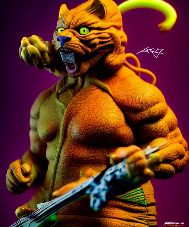 Image similar to hyperrealistic rendering, thundercat, by art of skinner and richard corben and jeff easley, product photography, action figure, sofubi, studio lighting, colored gels