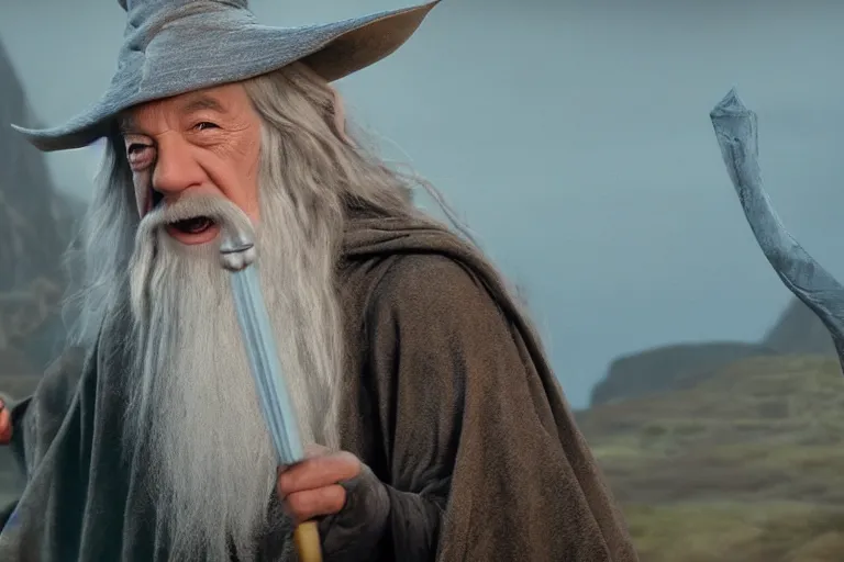 Image similar to portrait of Gandalf dressed up like hello kitty, smiling warmly, sunrise, movie still from Lord of the Rings, cinematic