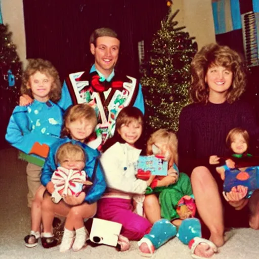 Prompt: 8 0 s family photos of opening christmas gifts