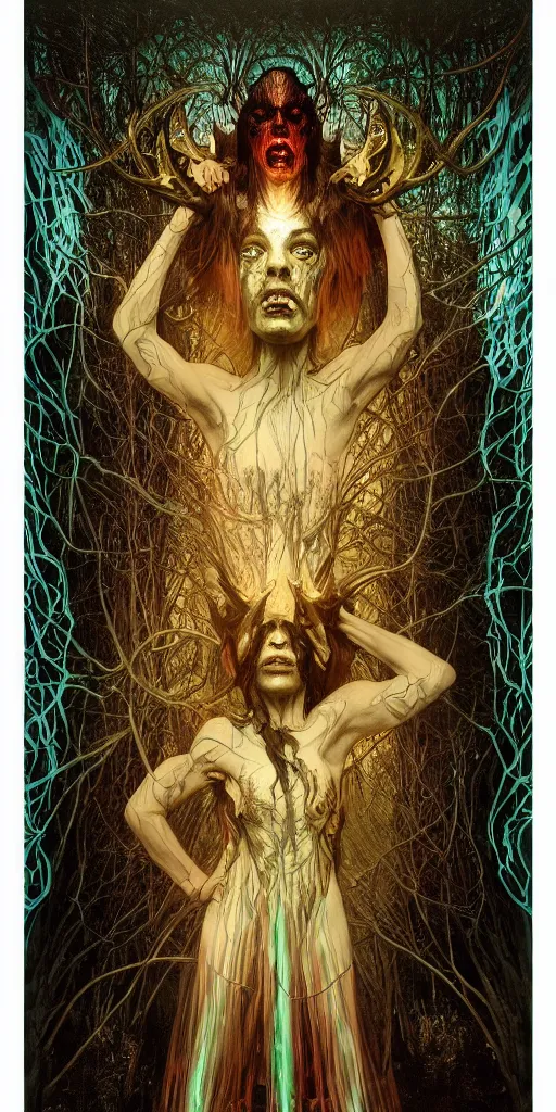 Image similar to intense roaring screaming glowing black metal pagan god with ram horns and veins and intense glowing eyes in very dark forest by karol bak and alphonse mucha, portrait, fantasy, clear, light beams, lens flare, intense, uhd, red and teal and shining polished gold, amazing depth, cinematic lighting