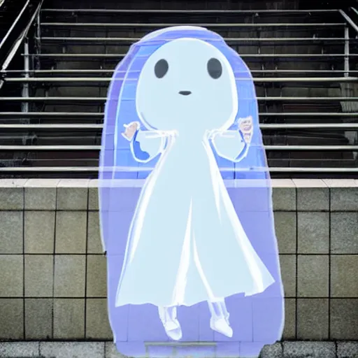 Image similar to a scary looking but very friendly transparent ghost at a train station in the style of a ghibli movie