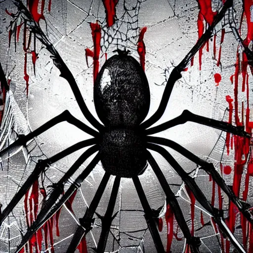 Image similar to spider webs dripping blood, rich decaying bleeding colors, horrorcore spider