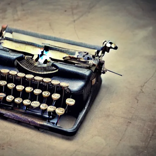 Image similar to an antique typewriter sits alone in an abandoned office